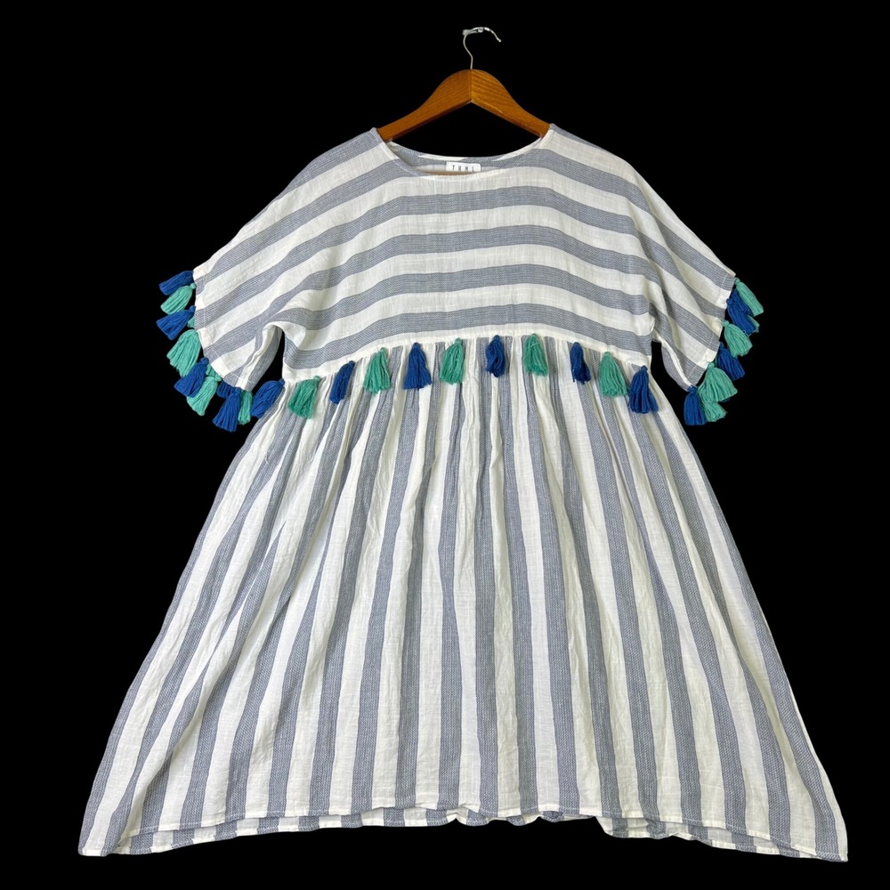 THML Dress Medium Blue Striped Tassel Trim Babydoll Boho Cottagecore Tunic Women